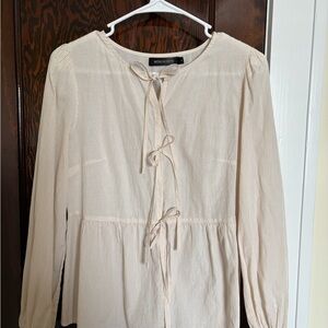 Merokeety Beige Tie-Front Blouse Peplum